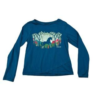 LANDS END Teal Unicorn Forest Long Sleeve Tee Size Small 6-7 Girls 100% Cotton